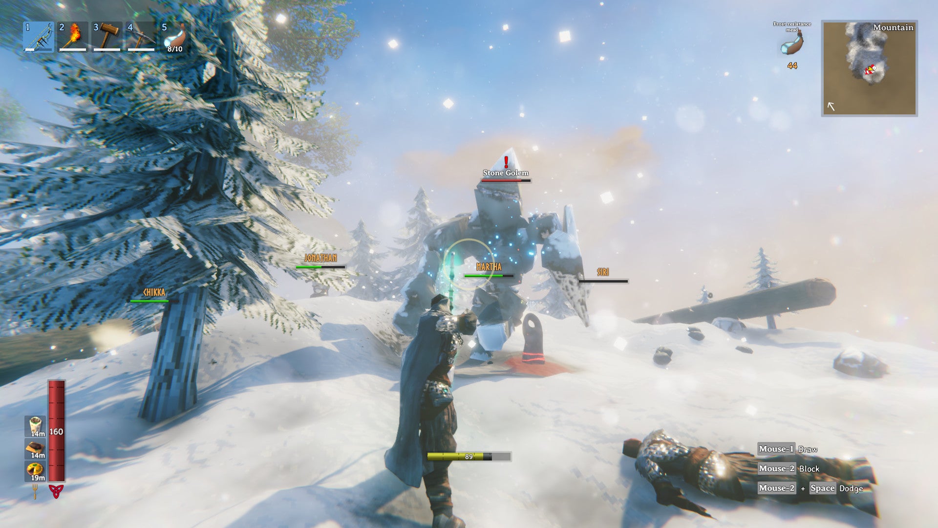 Warrior in a snowy mountain biome engaging in combat with a creature.