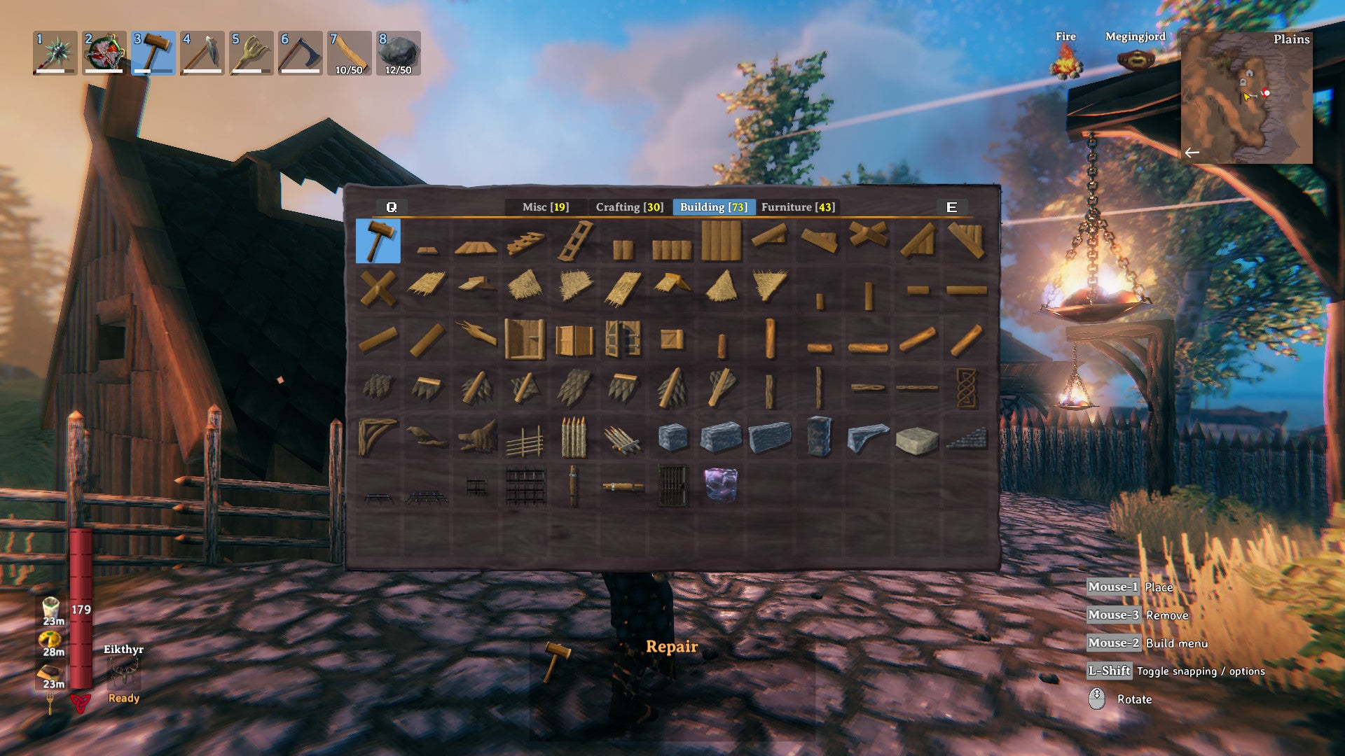Character interacting with a crafting or building interface near a settlement.