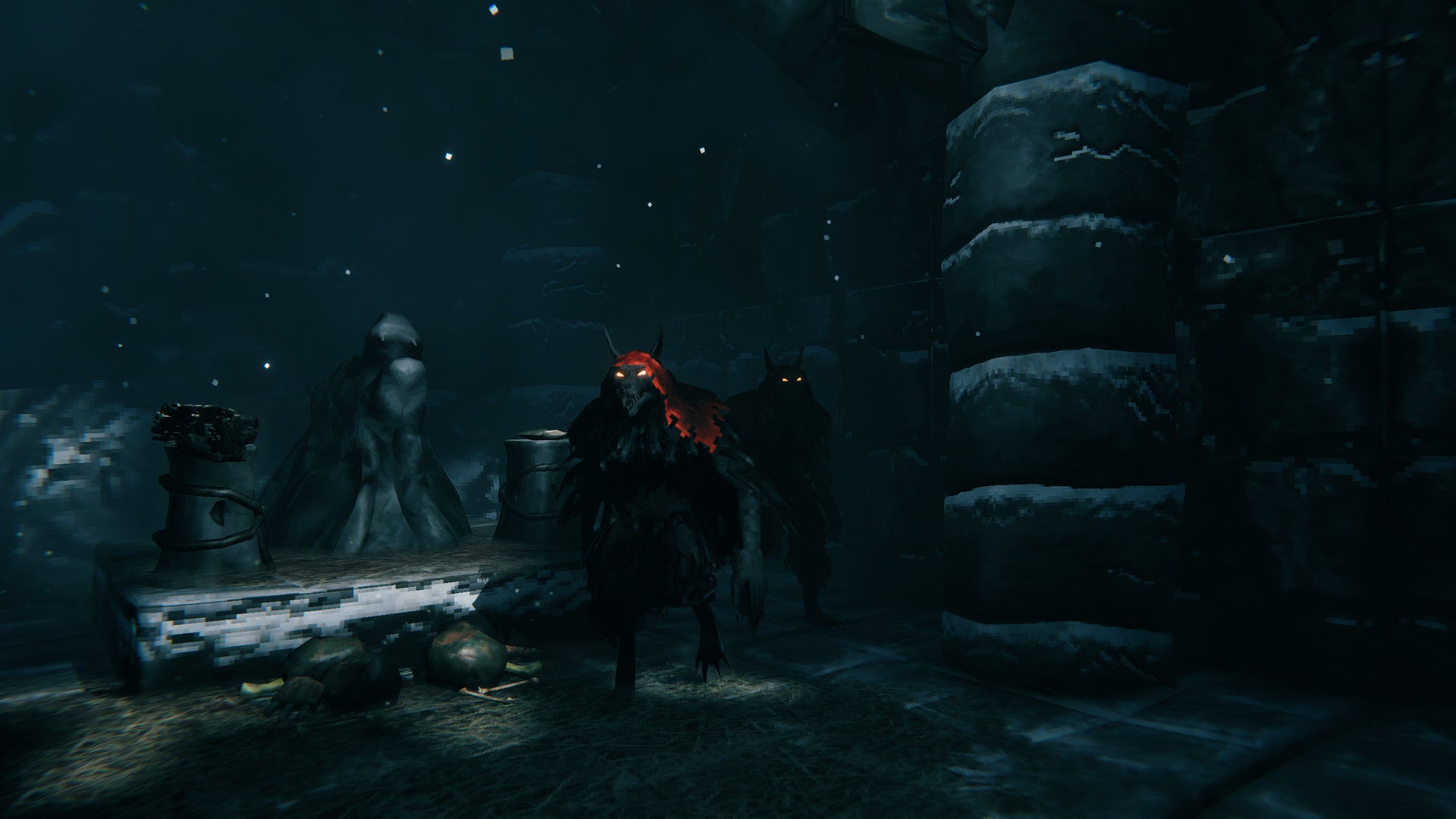 Character exploring a dimly lit stone dungeon or burial chamber.