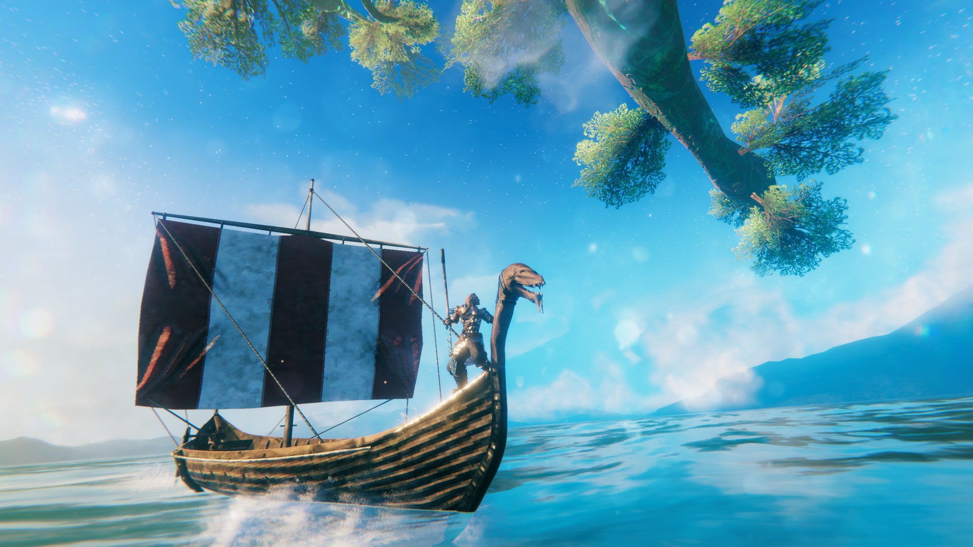 Viking ship sailing across a bright ocean under a sky filled with floating landmasses.