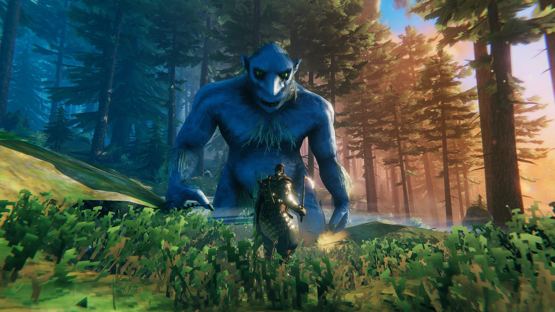 A Viking character facing a towering blue troll in a dense forest.