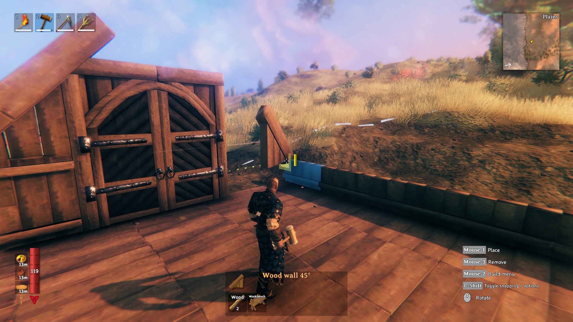 Viking character standing in front of a wooden house in a sunny village.